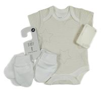 Nové - 5set - Béžovo-bílé pruhované body + 4x bílé rukavice 