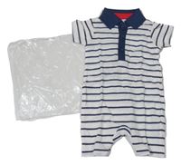 Nové - Bílo-tmavomodrý pruhovaný kraťasový overal Mothercare