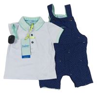 2Set - Tmavomodro/modré vzorované teplákové laclové kraťasy + bílo/mátové polo tričko TED BAKER