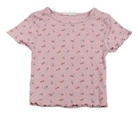 Staroružové rebrované crop tričko s kvetmi PRIMARK