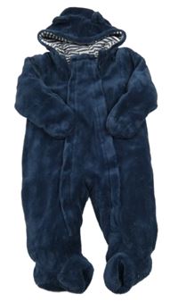 Tmavomodrá plyšová zateplená kombinéza s kapucí s oušky BORNINO