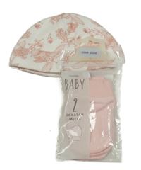 Nové - 3Set - Smetanová čepice s růžovými kytičkami + 2x - světlerůžové rukavice George