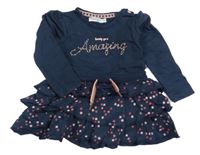 Tmavomodré teplákové šaty s nápisy a hvězdičkami a volánky Dirkje 