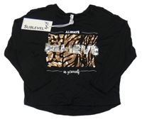 Nové - čierne oversize tričko s nápismi a flitrami a vzorom SUBLEVEL Kids