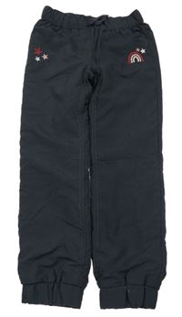 Tmavošedé cuff šusťákové podšité kalhoty s duhou a hvězdičkami Topolino