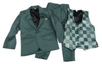 3Set - Khakišedé sako + kalhoty + khaki-olivová kostkovaná vesta s nápisy