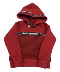 Tmavočervená žebrovaná mikina s pruhem s nápisy a kapucí 