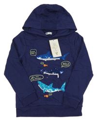 Nové - tmavomodrá mikina se žraloky z flitrů a nápisy a kapucí V BY VERY