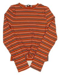 Rezavo-černo-bílé pruhované žebrované triko s překřížením MISS E-VIE