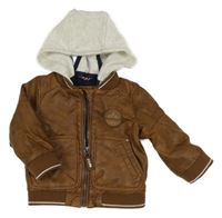 Hnědý koženkový zateplený bomber s nášivkou a odepínací kapucí C&A