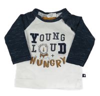 Bílo-tmavomodrá melírovaná slabá mikina s nápisy a lvíčkem feetje