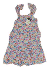 Nové - biele letné šaty s farebnými kvietkami a lístečky a volánikmi PRIMARK