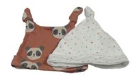 2x bavlněná čepice - starorůžová s pandami + bílá s hvězdami