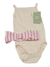 2set - Světlerůžové perforované body + růžovo-bílá pruhovaná čelenka s mašlí