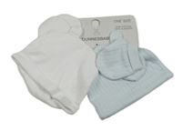 4set - Svetlomodrá rebrovaná bavlnená čapica s oušky + bílá puntíkatá + 2x rukavičky Dunnes