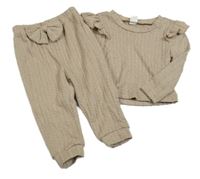 2set - Béžové vzorované úpletové tričko s volánky + tepláky s mašlou Shein