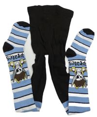 Tmavohnědo-modro-biele pančuchy s pruhmi a lebkami