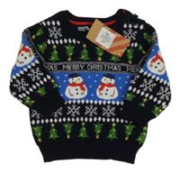 Nové - Tmavomodro-modrý vzorovaný sveter so stromky a sněhuláky Primark