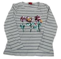 Bílo-černé pruhované triko s květinami z flitrů a volánky S. Oliver