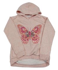 Růžová melírovaná mikina s motýlem s flitry a kapucí Mantaray