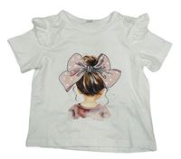 Biele tričko s dívkou a volánikmi Shein