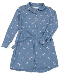 Modré košilové šaty riflového vzhledu s jednorožcami a opaskom H&M