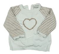 Světlemodro-béžový ľahký sveter so srdcem a pruhovanymi rukávy Topomini