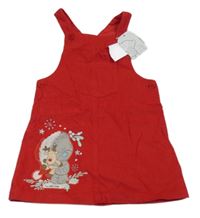 Nové - červené laclové manšestrové šaty s medvědem 