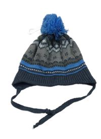 Nové - Tmavošedo-modrá vzorovaná pletená čepice s bambulí 