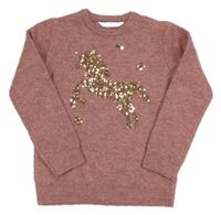 Starorůžový svetr s jednorožcem z flitrů V by Very