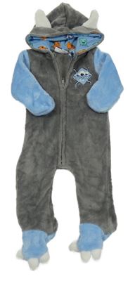 Sivo-modrá plyšová kombinéza s príšerkou a kapucňou