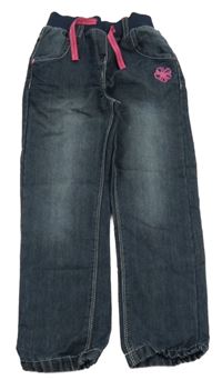 Tmavomodré lehké rifle s úpletovým pasem a výšivkou květu orchestra