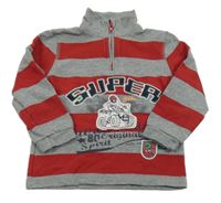 Sivo-červená pruhovaná mikina s nápisom