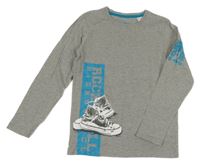 Šedé melírované triko s modrým nápisem BPC