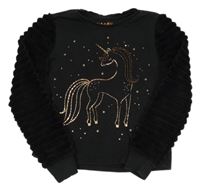 Čierna crop mikina s jednorožcom a chlpatymi rukávy F&F