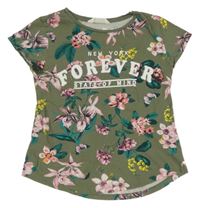 Kaki-farebné kvetované tričko s nápisom H&M