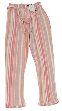 Ružovo-lila-biele pruhované ľahké nohavice s opaskom zn. M&S