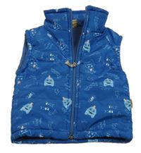 Modrá šušťáková zateplená vesta s nápismi a príšerkami