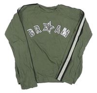 Khaki crop triko s pruhy a nápisem z flitrů C&A