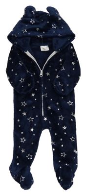 Tmavomodrá plyšová kombinéza s hviezdami a kapucňou