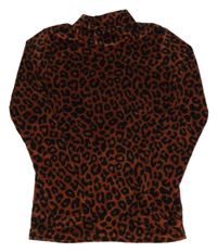 Hnědo-černé plyšové triko s leopardím vzorem a stojáčkem 