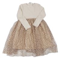 Béžovo-hnědé žebrované šaty s tylovou sukní s leopardím vzorem H&M