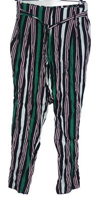 Dámske čierno-zeleno-ružové pruhované voľné é nohavice s opaskom