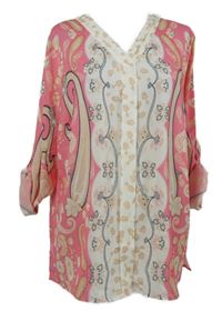 Dámská růžovo-bílá vzorovaná halenková tunika s rolovacími rukávy 