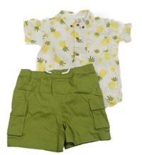 2set- bílá košile s ananasy+ plátěné cargo kraťasy 
