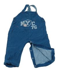 Modré podšité laclové manšestráky s nápisem 