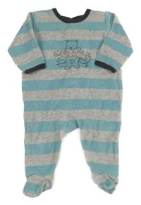 Modro-sivý pruhovaný zamatový overal s medvěďom Petit Bateau