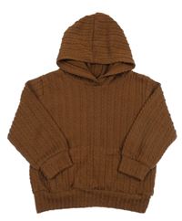 Hnedá rebrovaná mikina s vreckom a kapucňou