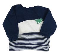 Tmavomodro-biela pruhovaná mikina s dinosaurom