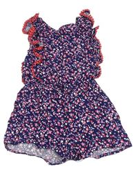 Tmavomodrý kvetovaný ľahký kraťasový overal s volány Primark